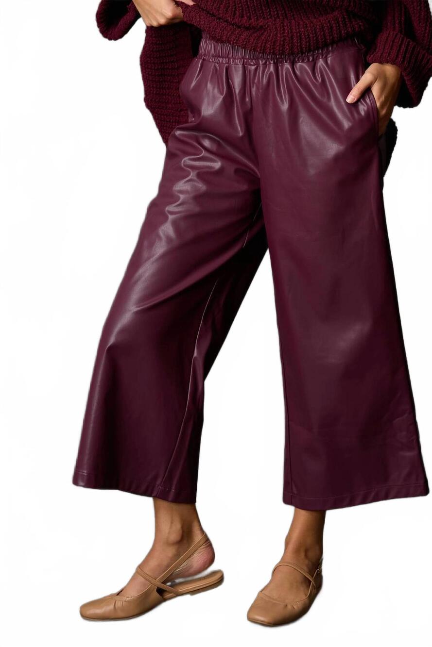 NEW BEFORE YOU COLLECTION faux leather wide leg culotte pants in maroon